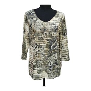 Chico's Tribal Paisley Rhinestone 3/4 Sleeve Casual Knit Top Size 1 M/8